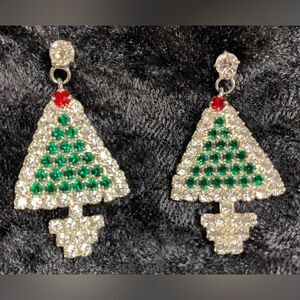 Vintage Rhinestone Christmas Tree Sparkling Shimmering Dangle Pierced Earrings